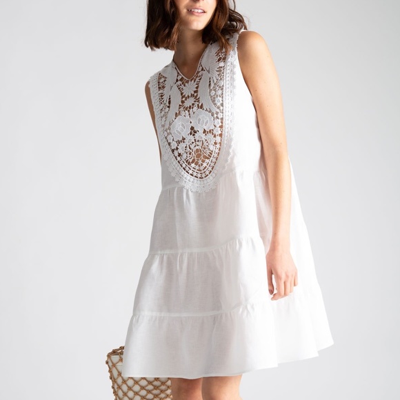 MIGUELINA Daphne Dress XS White Linen Crochet Neckline - Picture 1 of 7